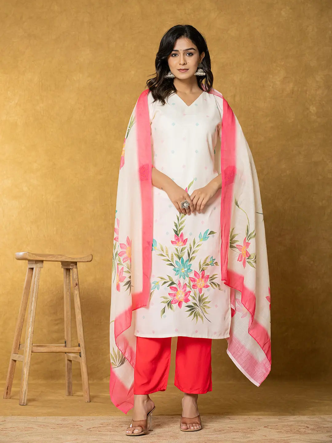 Yufta Cream Linen Floral Kurta Dupatta Pant Set