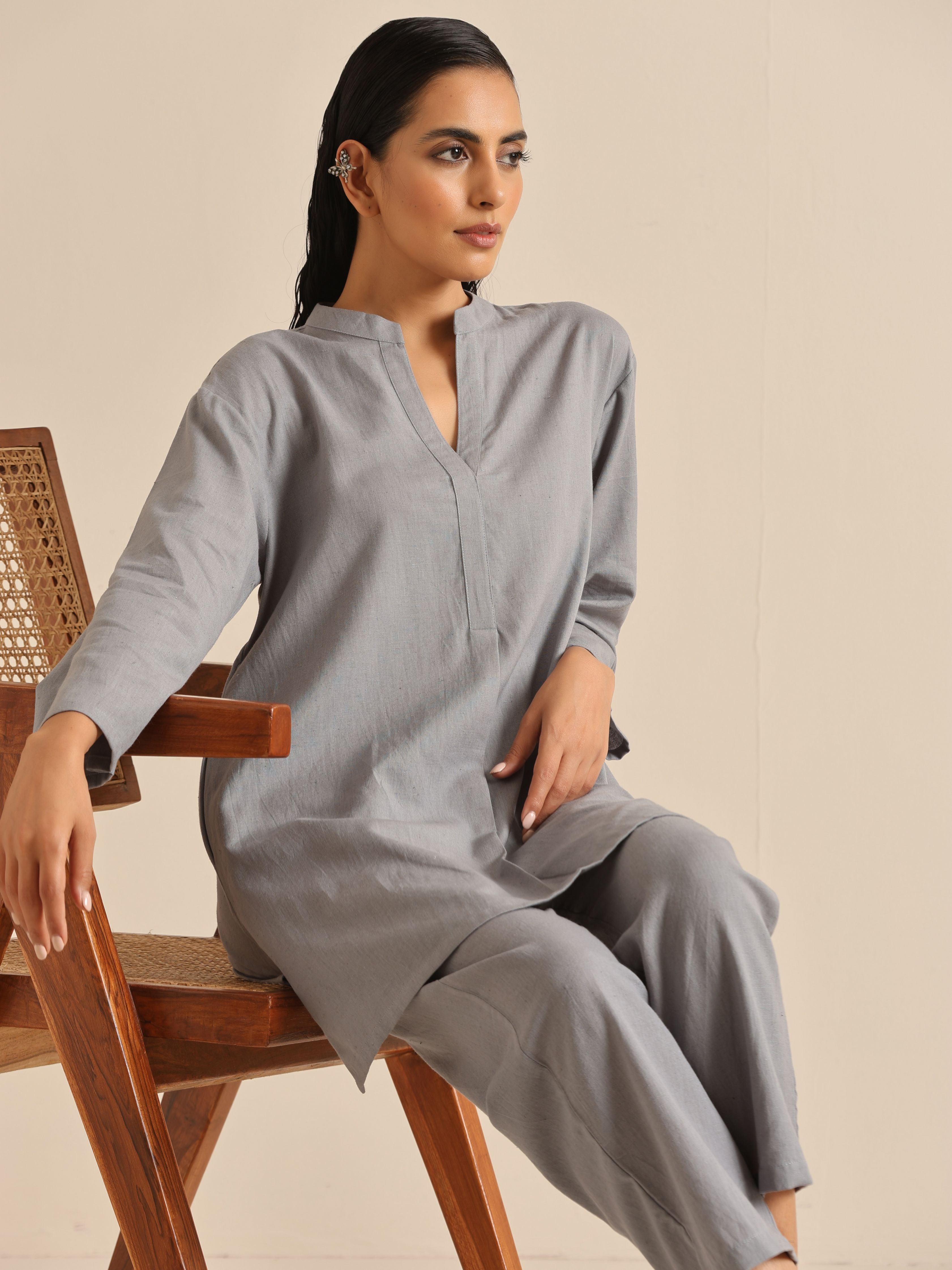 trueBrowns Steel Blue Khadi Relaxed Co-Ord Set
