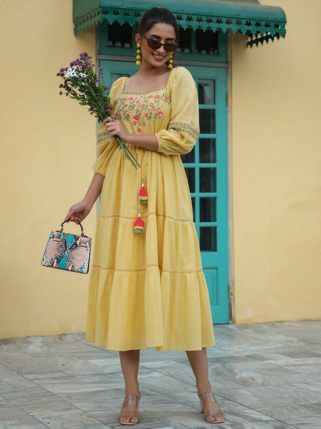 Juniper Women's Yellow Cotton Dobby Embroidered Flared Dress