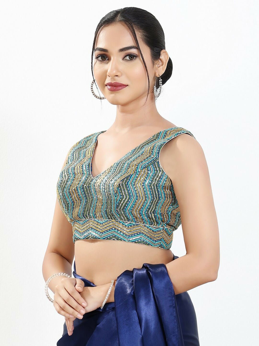 Joban Fashion Blue Multi Silk Padded Blouse With V Neck Sleeveless