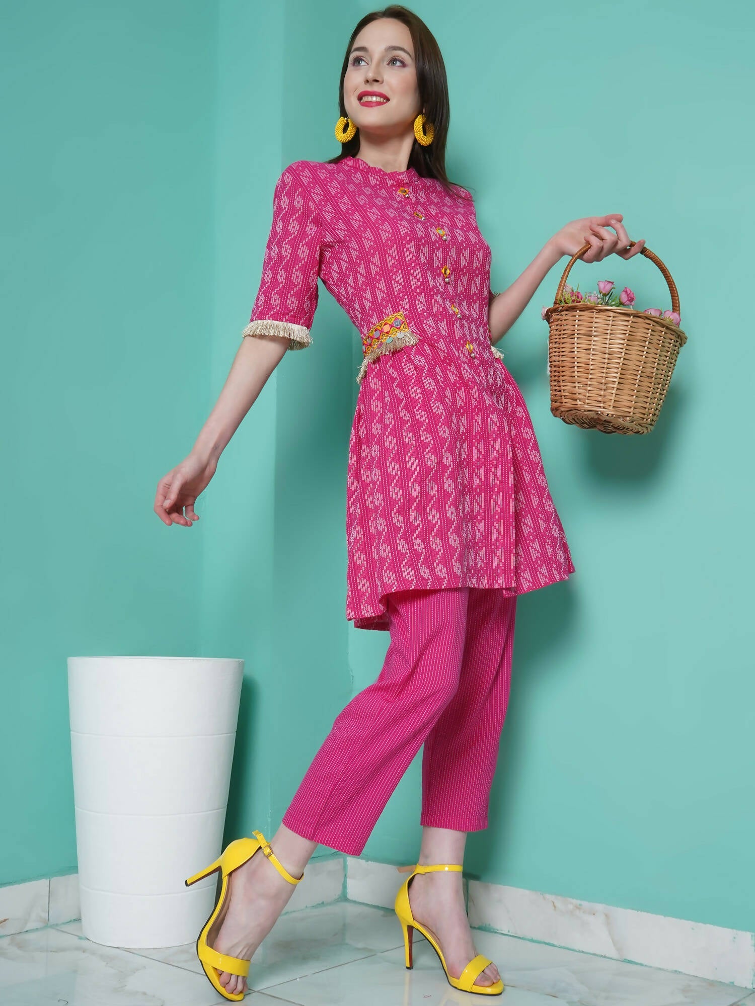 Women Republic Pink Cotton Kantha Kurta Set