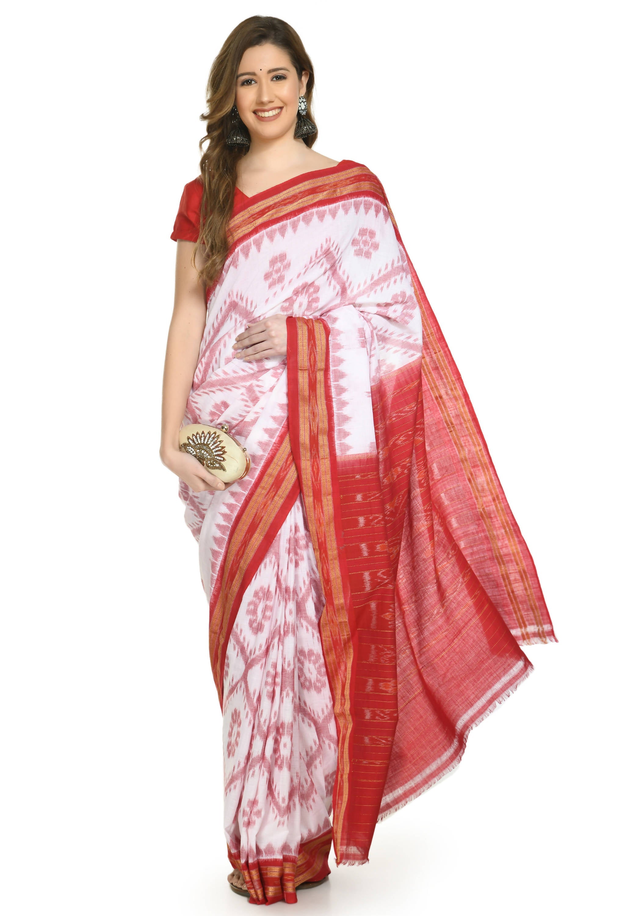 Vamika Sambalpuri Ikat Cotton Dehabandha Badafula White & Red Saree