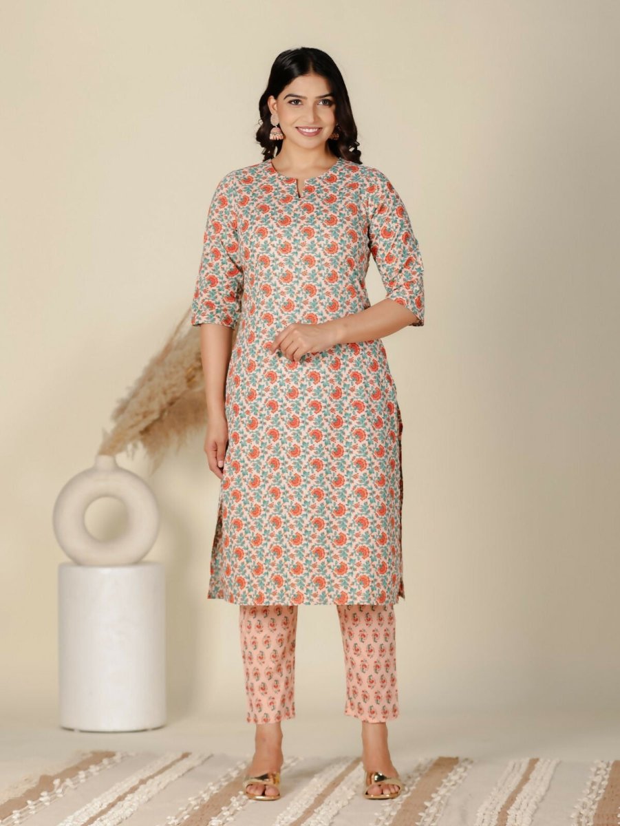Aramya Orange Soft Cotton Floral Print Straight Kurta Set for Women