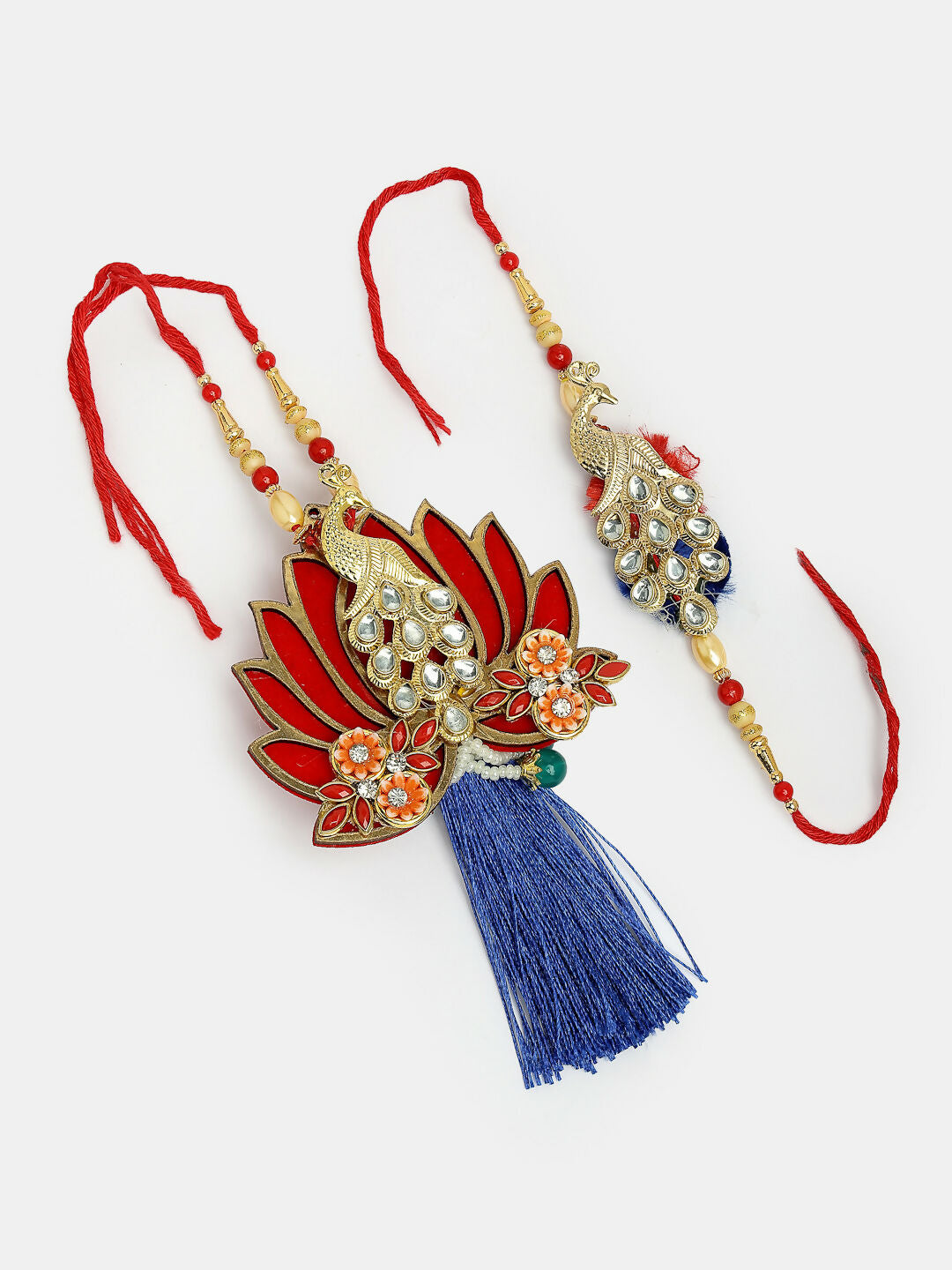 NVR Women & Men Set of 2 Gold-Toned Peacock Design Stone-Studded Bhaiya Bhabhi Rakhi With Roli Chawal