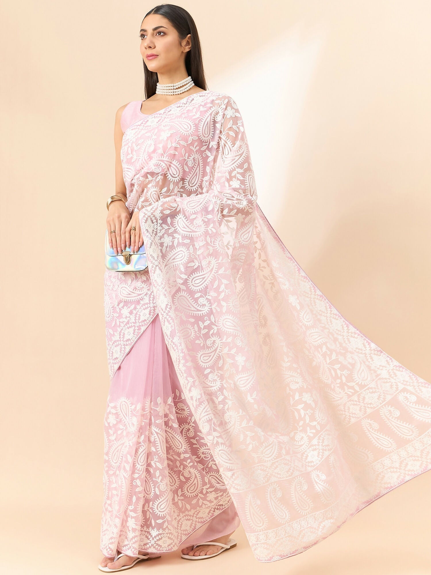 Purple Organza Paisely Embroidered Saree with Unstitched Blouse Piece - Roozal