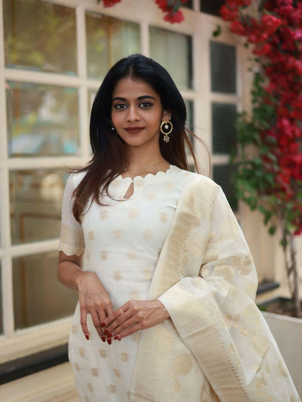 The52 White Women's Beautiful Viscose Jacquard Fabric Printed Work Straight Kurta Pant and Dupatta Set