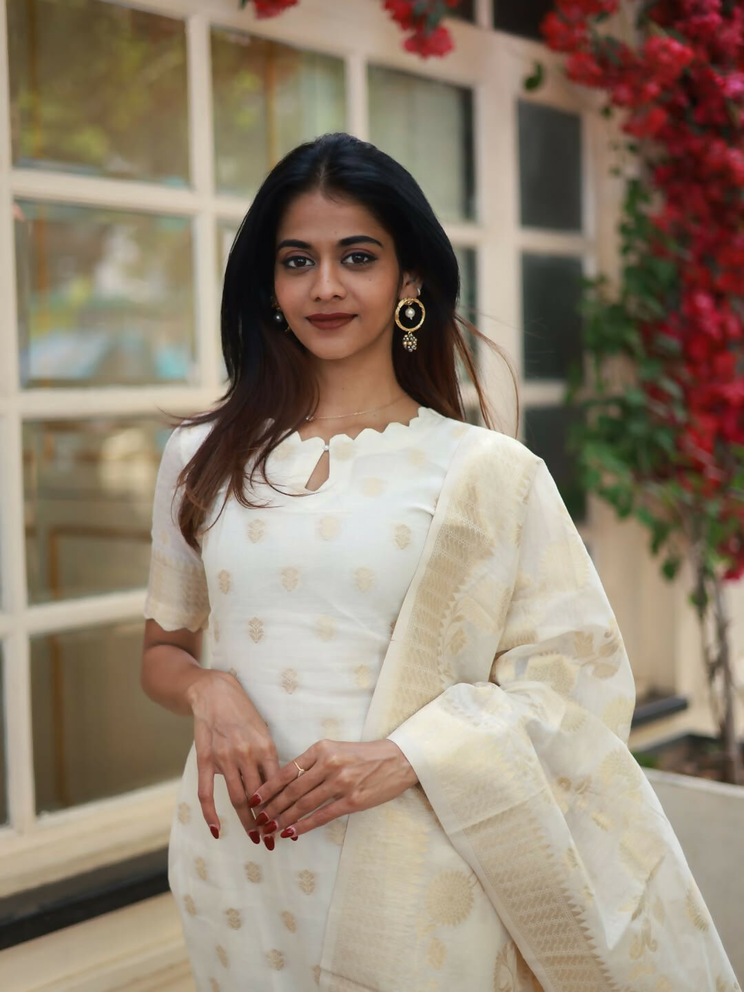 The52 White Women's Beautiful Viscose Jacquard Fabric Printed Work Straight Kurta Pant and Dupatta Set