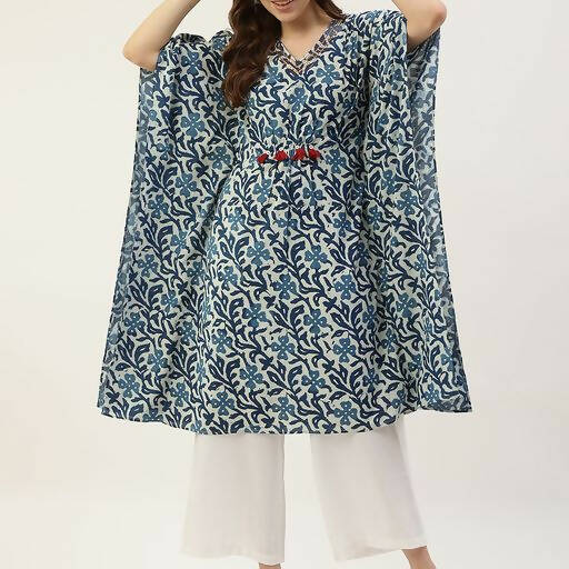 FIORRA Women's Printed Pure Cotton Kaftan Kurta - Blue