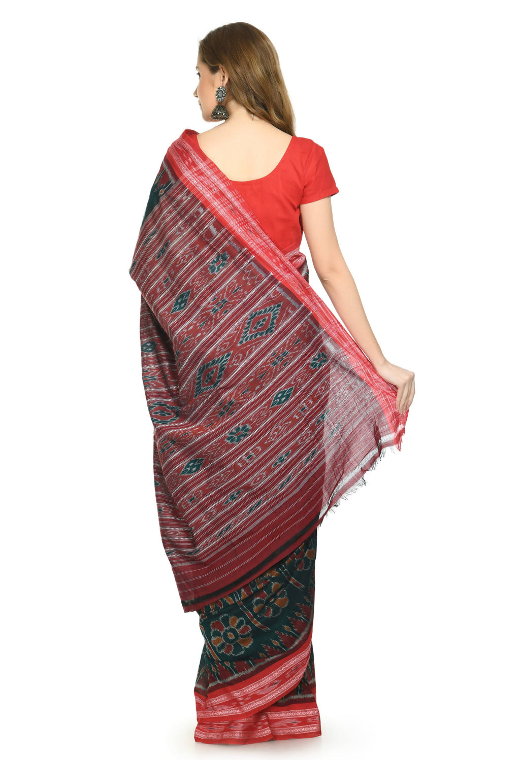 Vamika Sambalpuri Ikat Cotton Dehabandha Green & Red Saree