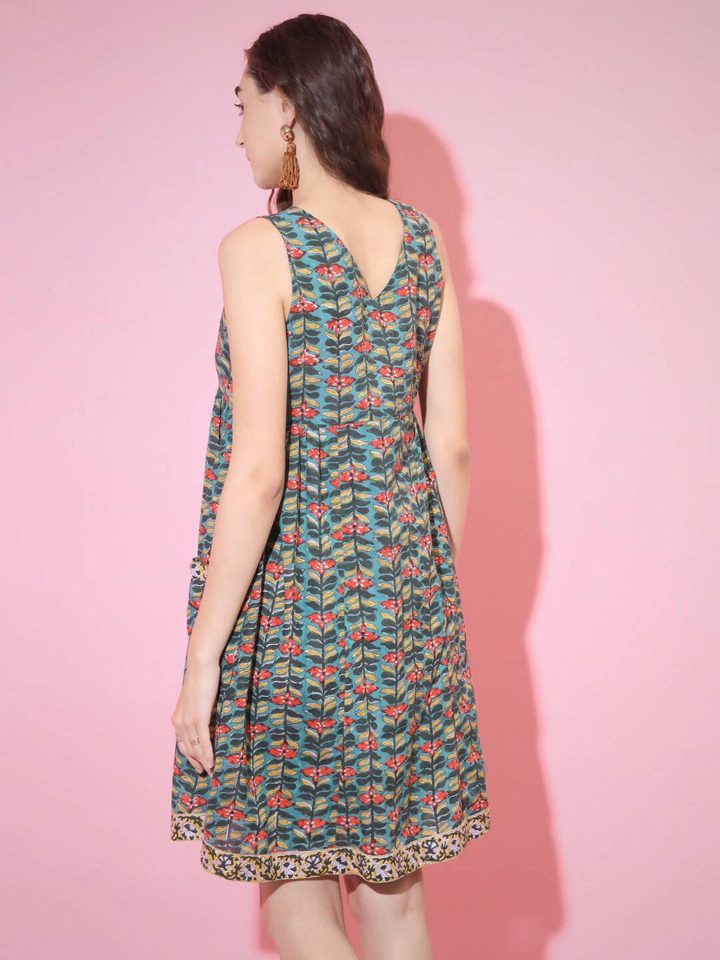 Myshka Women's Green Floral Printed A-Line Dress