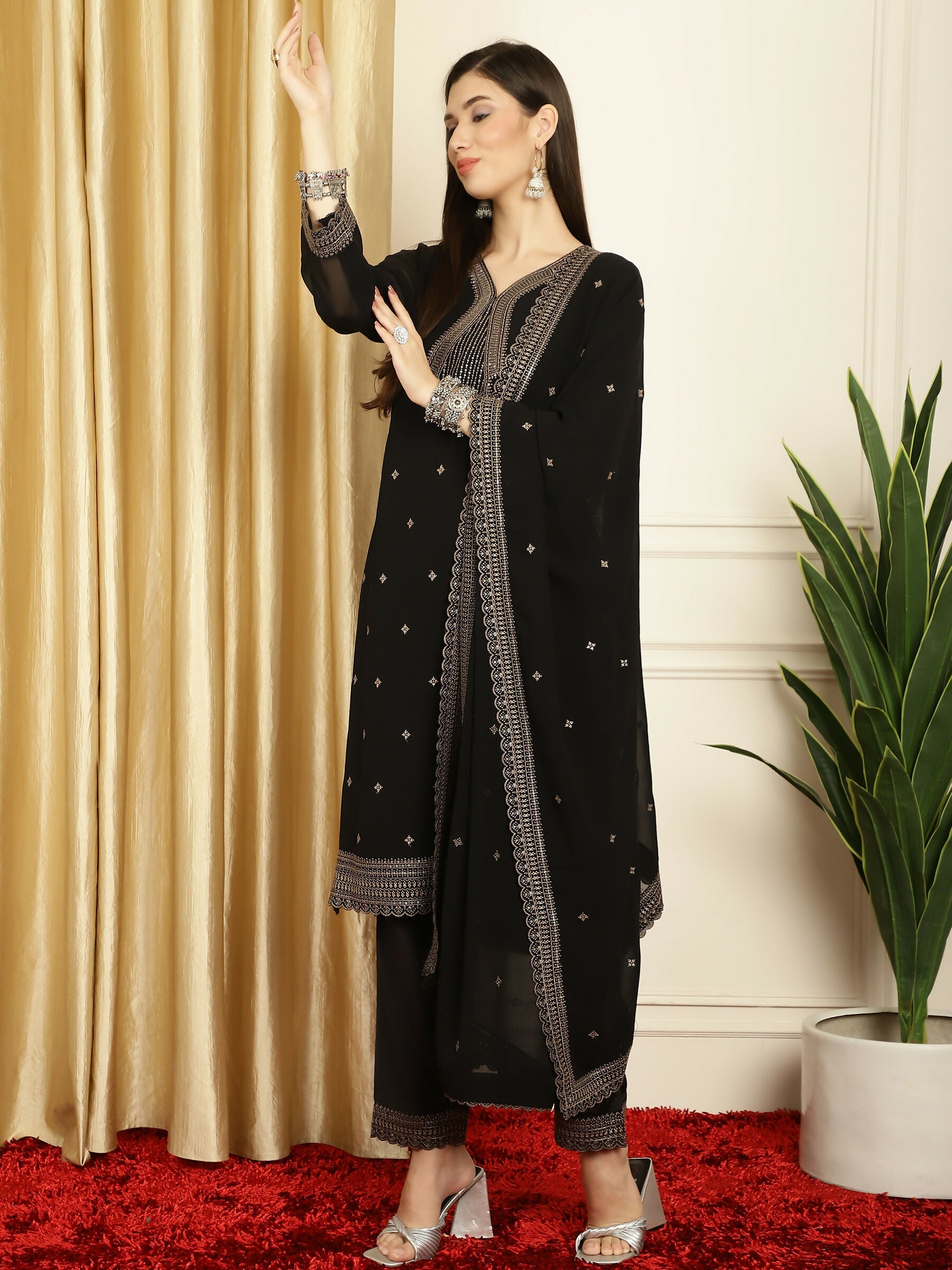 Jyoti Fashion Women's Black Georgette Resham Thread & Sequin Kurta with Trouser & Dupatta