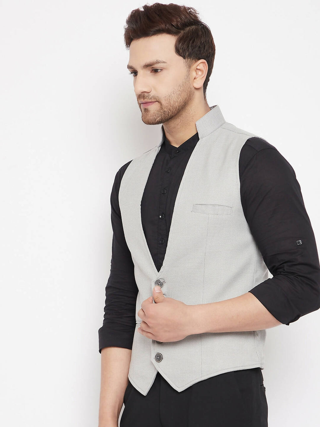 Even Apparels Grey Merino Men Woven Nehru Jacket
