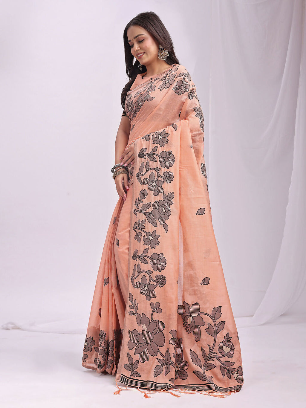 Shree Shyam Fashion Kashira Orange Linen Cotton Saree