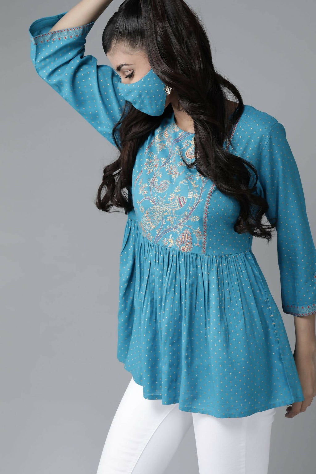 Juniper Women Skyblue Rayon Slub Polka Print Peplum Tunic