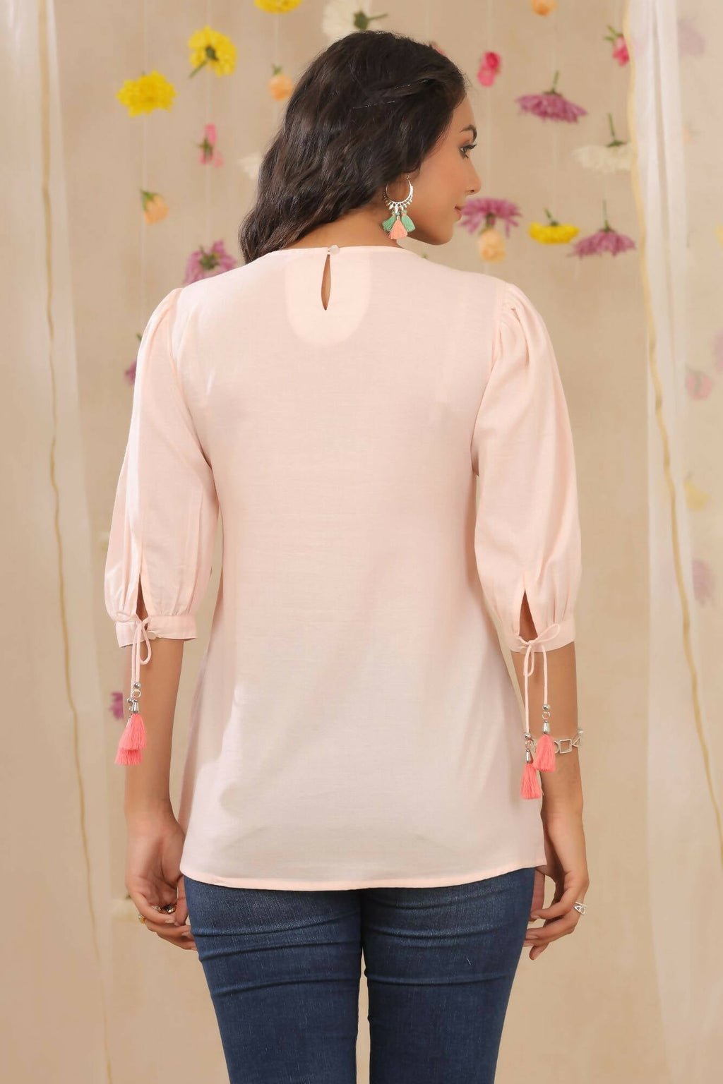 Juniper Women Peach Cotton Dobby Embroidered A-Line Tunic