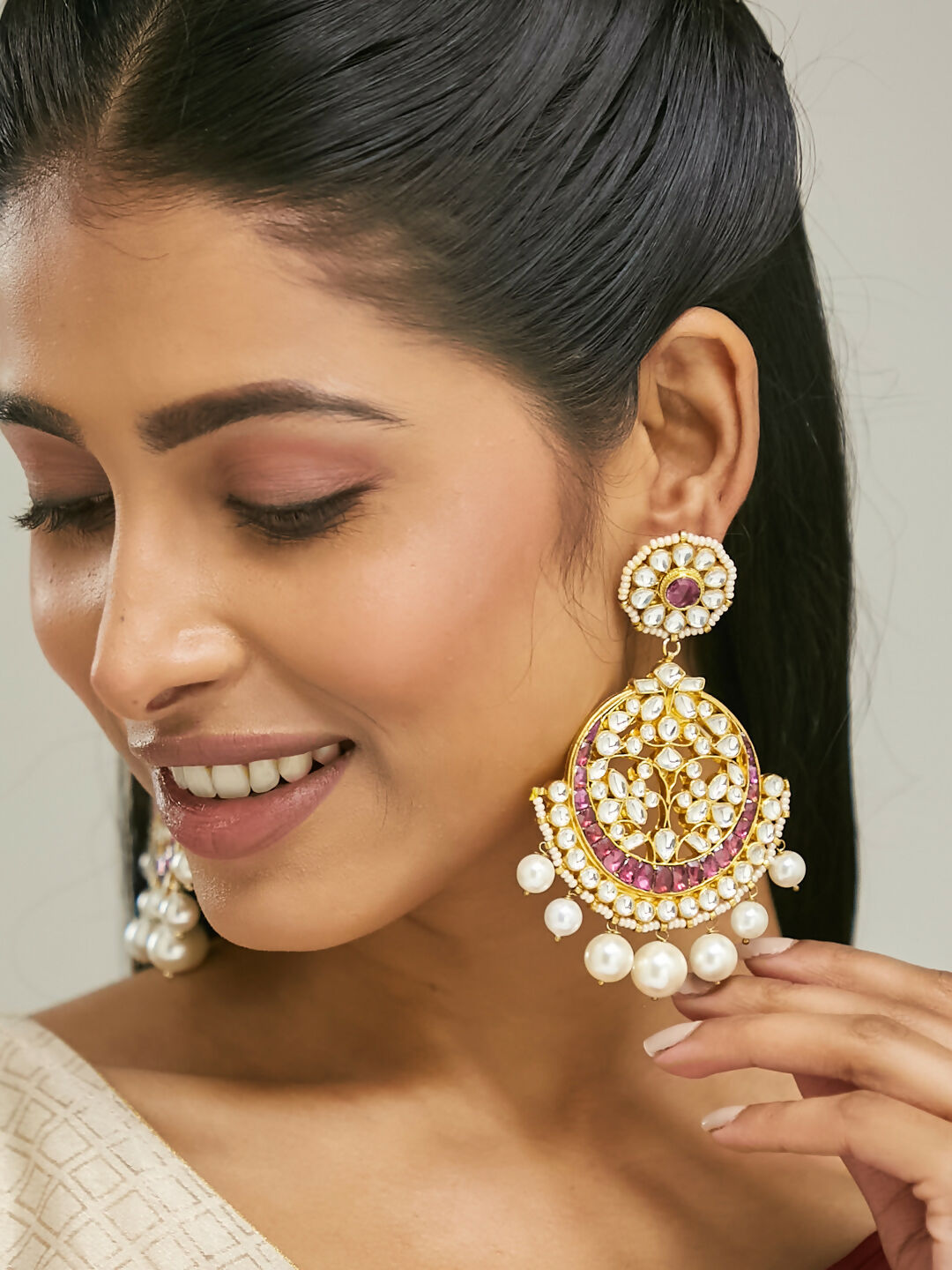 Nuyug 22K Gold-Plated Elegant Ruby & Kundan Stone Studded With Pearl Beaded Floral Chandbalis