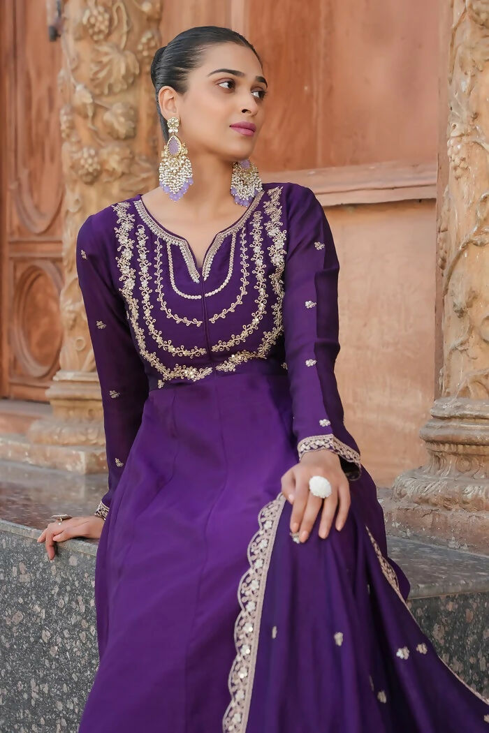 The52 Wine Women's Gorgeous Vichitra Silk Fabric Embroidered Work Flared Anarkali Pant and Dupatta Set