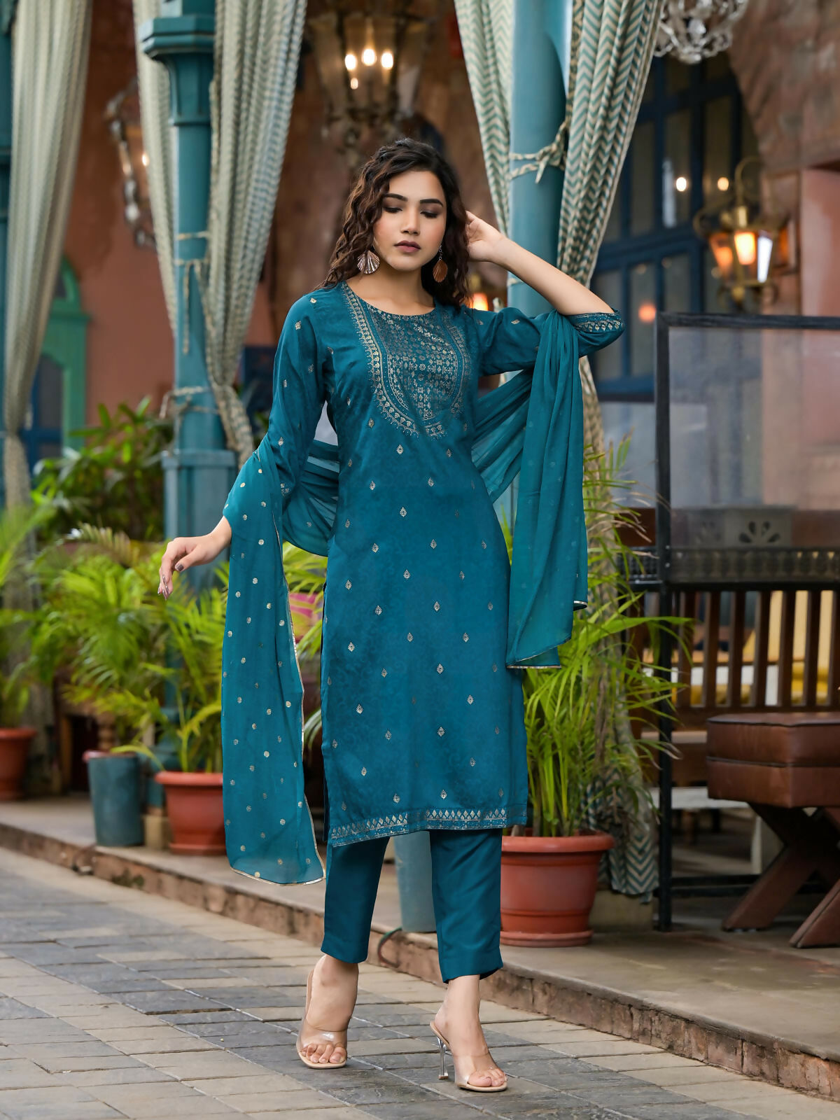 Juniper Women's Blue Ethnic Motif Printed Muslin Kurta Set With Zari Work & Gota Patti