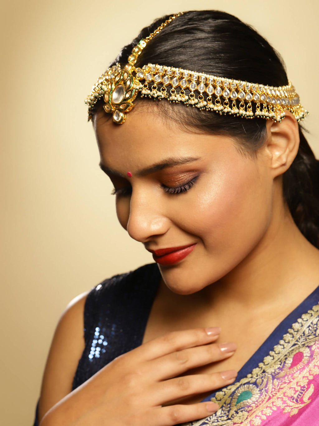 Gold-Polished Green White Kundan-Studded Beaded Matha Patti - Ruby Raang
