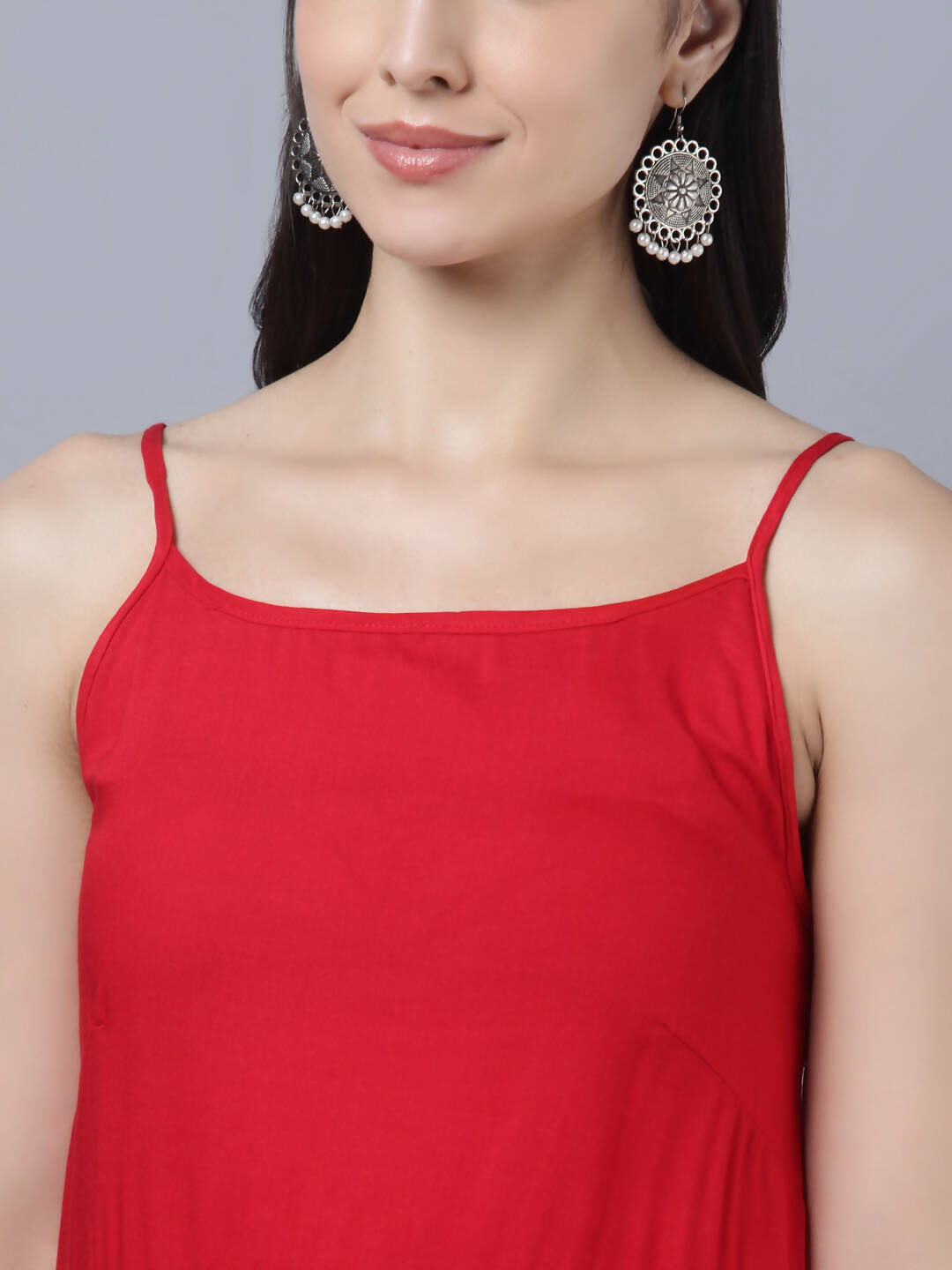 Myshka Women Red High Slit Kurta with Palazzos With Dupatta