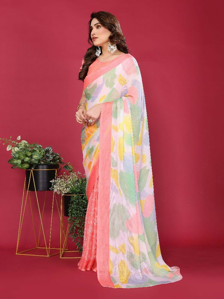 PR Fashion Peach Moss Chiffon Printed Saree