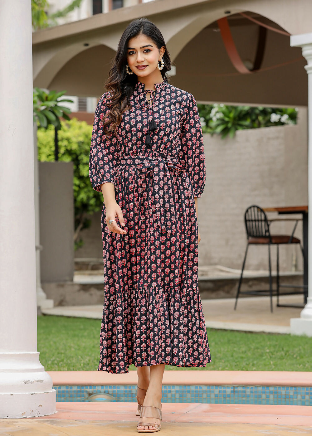 Kaajh Women's Black Bagru Print Floral Cotton Dress