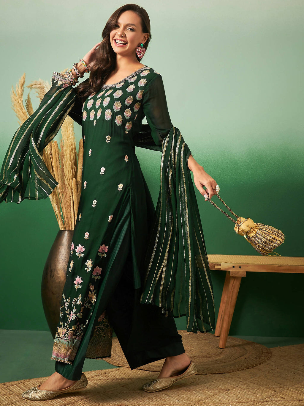 Green Georgette Handwork Unstitched Dress Material - Hanika