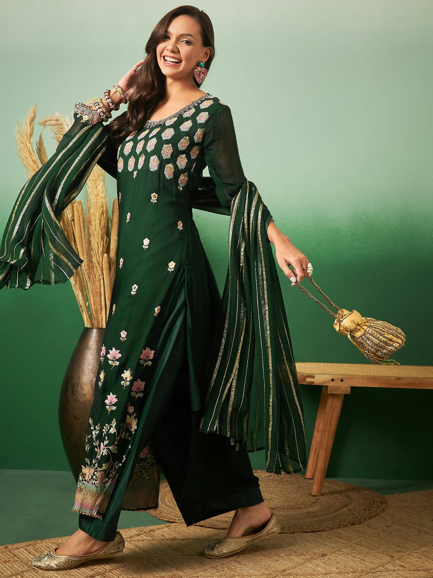 Green Georgette Handwork Unstitched Dress Material - Hanika