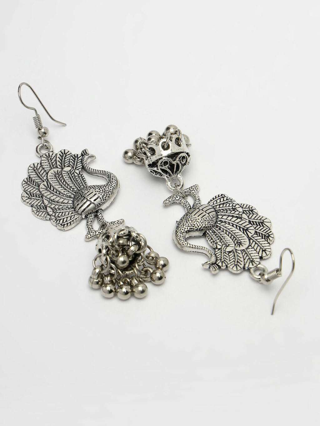 NVR Women's Silver-Toned Peacock Desing German Silver Oxidised Dome Shaped Jhumka Earrings