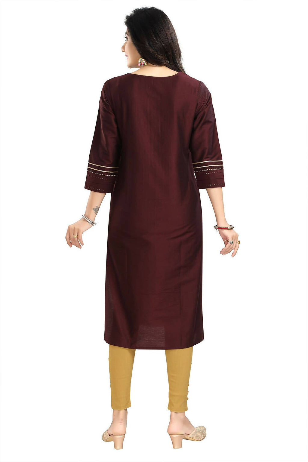 Snehal Creations Beautiful Brown Cotton Silk Designer Long Kurti Tunic With Sequines Embroidery