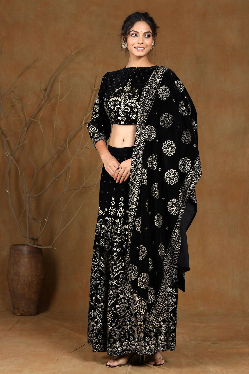 Juniper Women Black Velvet Printed Flared Lehenga Choli Sets