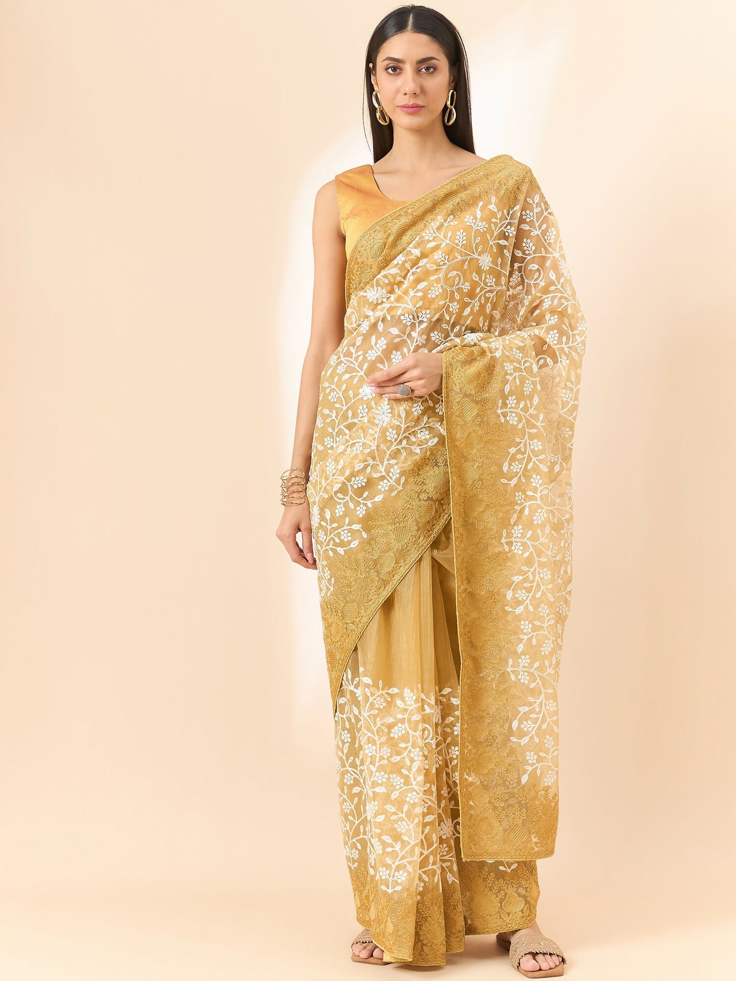 Beige Organza Floral Embroidered Saree with Unstitched Blouse Piece - Roozal