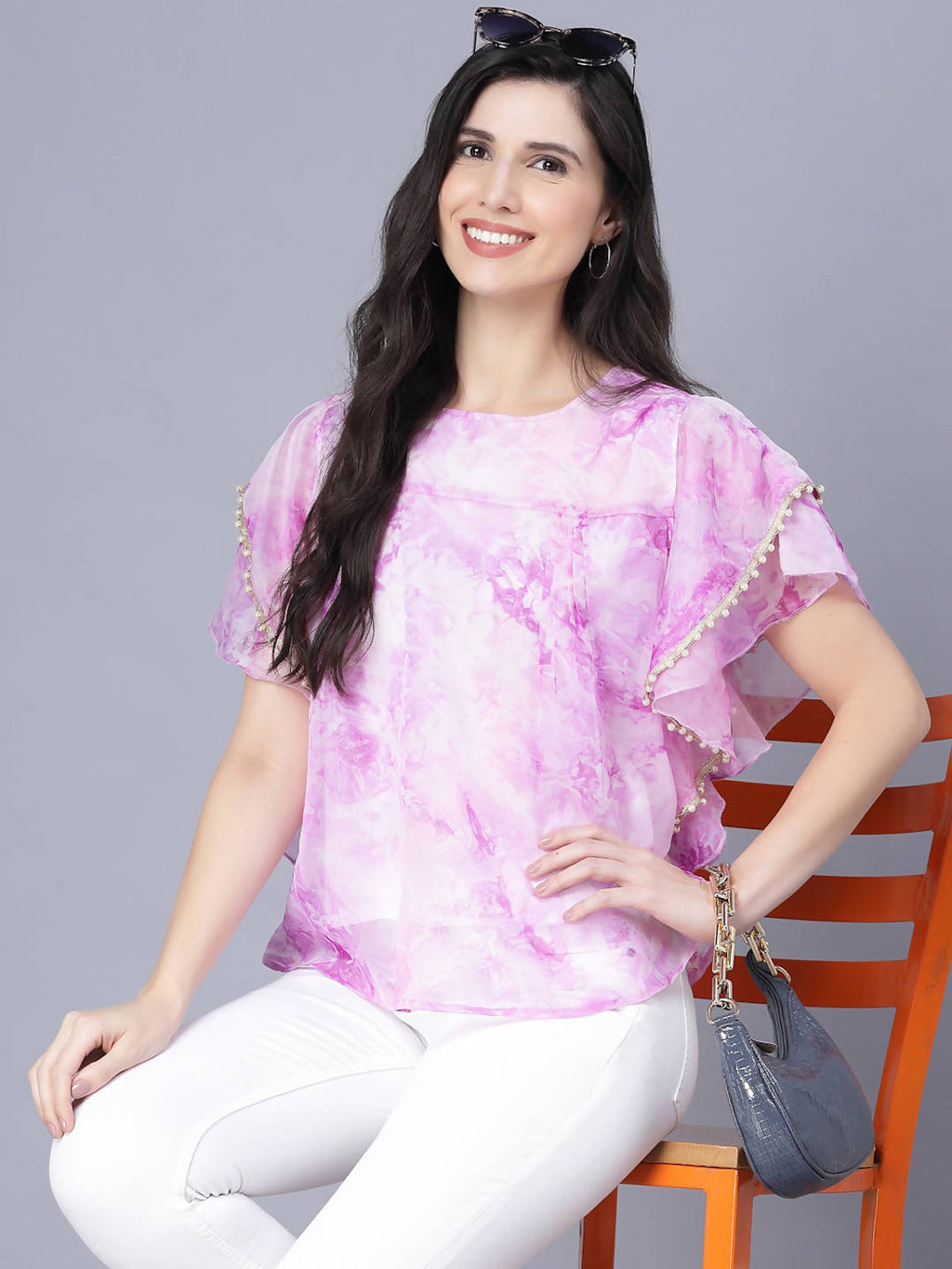 Myshka Organza Printed Short Sleeve Round Pink Women Top
