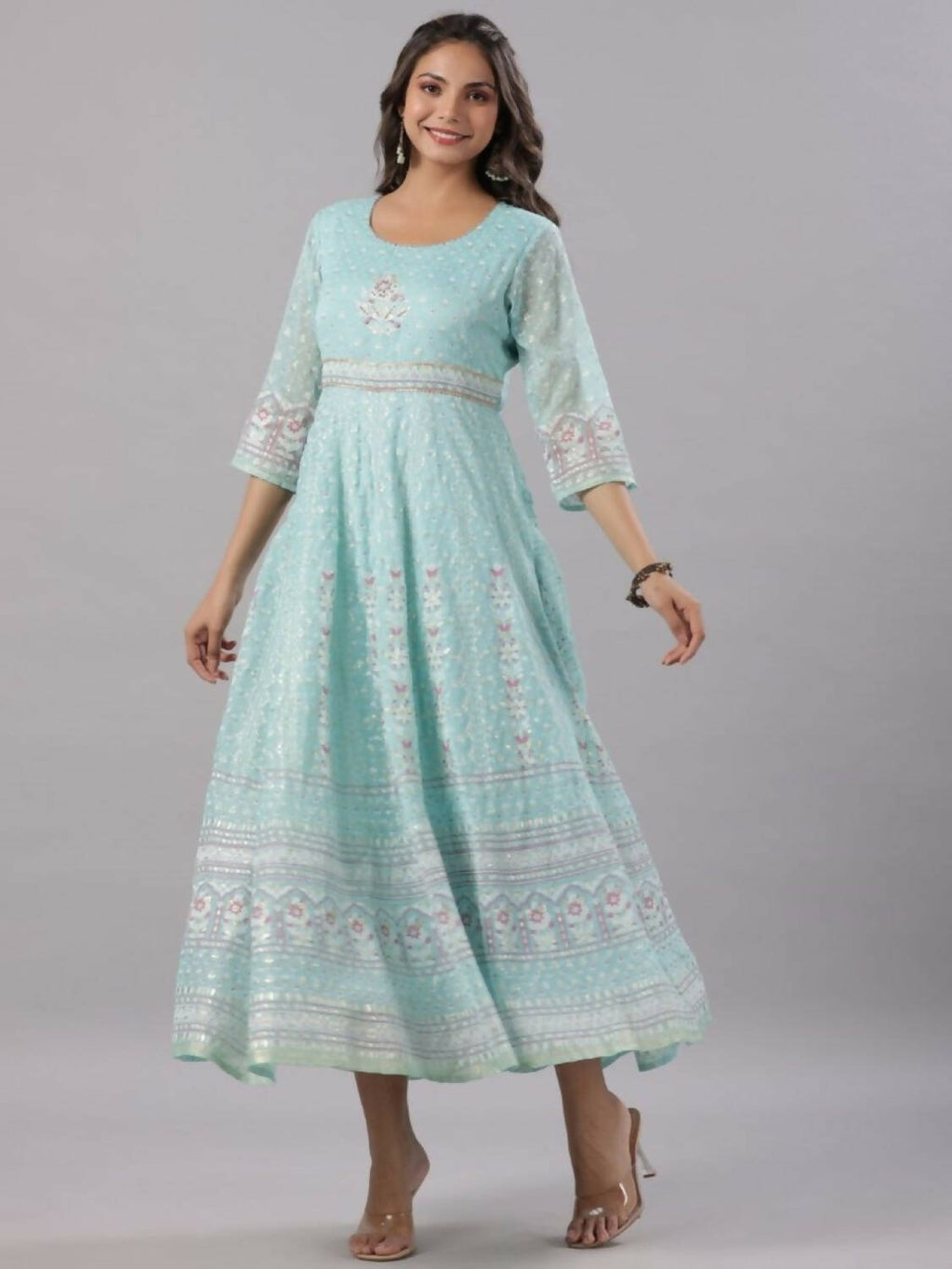 Juniper Women Sky Blue Chiffon Dobby Printed Maxi Dress