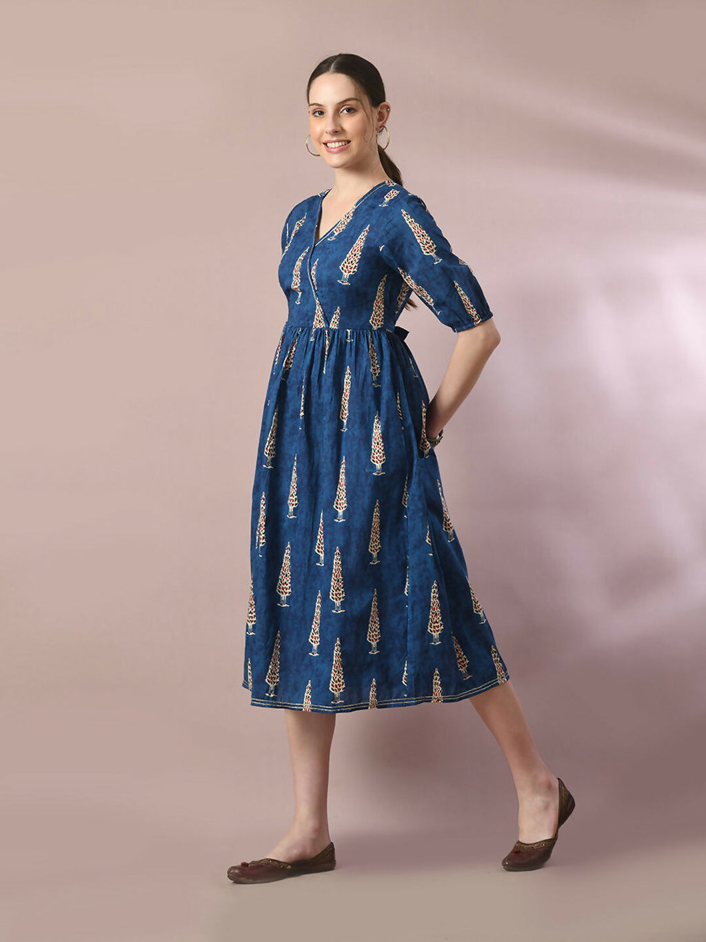 Myshka Women's Blue Printed Cotton V-Neck Empire Party Dress