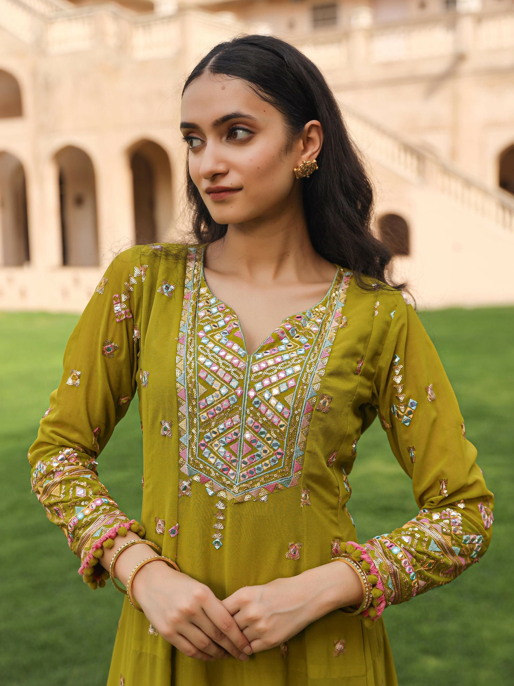 Juniper Women's Green Thread Embroidered Georgette Kurta Dhoti Pant & Dupatta Set With Mirror Work & Sequins