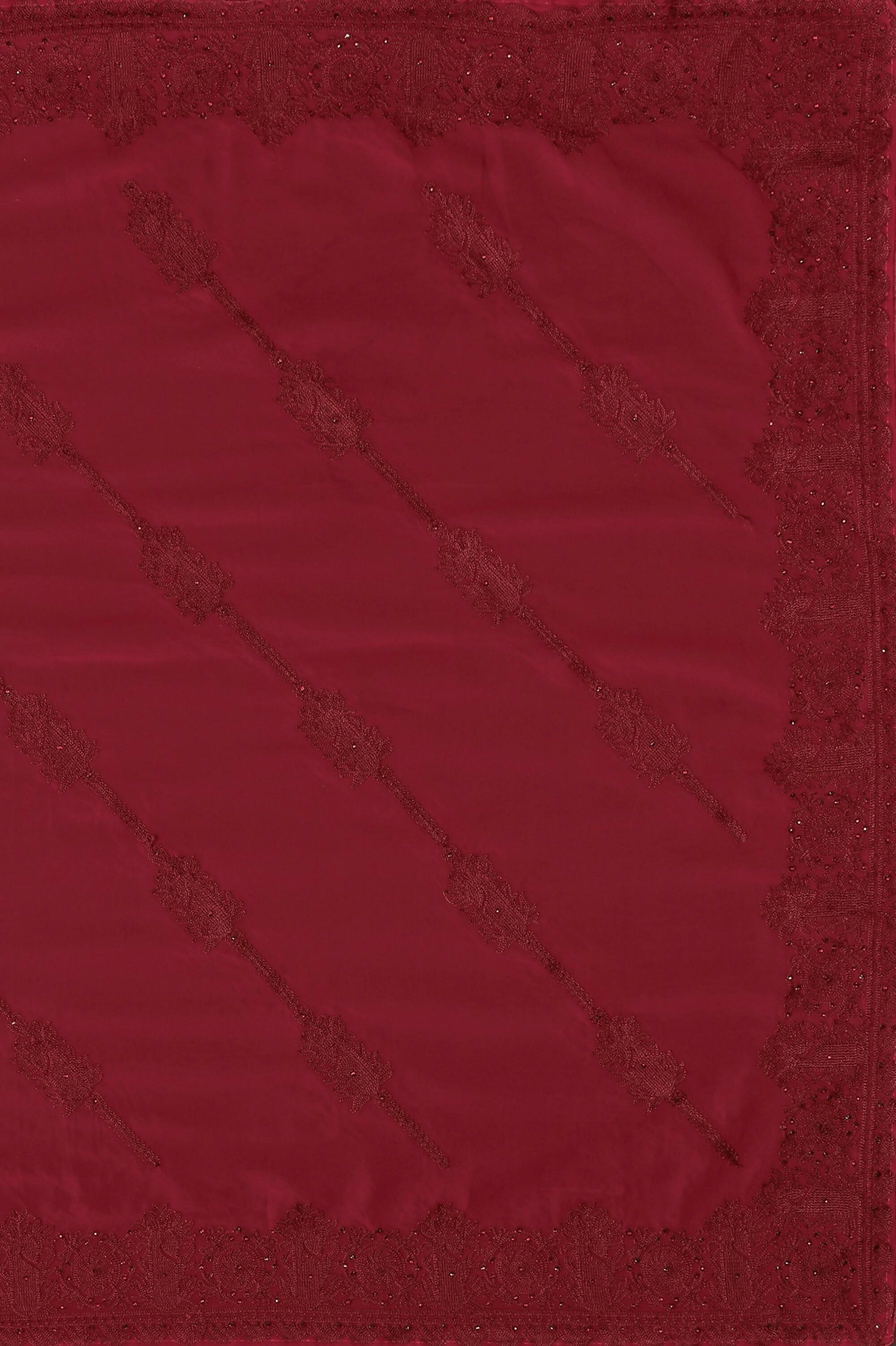 Maroon Georgette Embroidered and Stone Work Saree with Unstitched Blouse Piece - Roozal