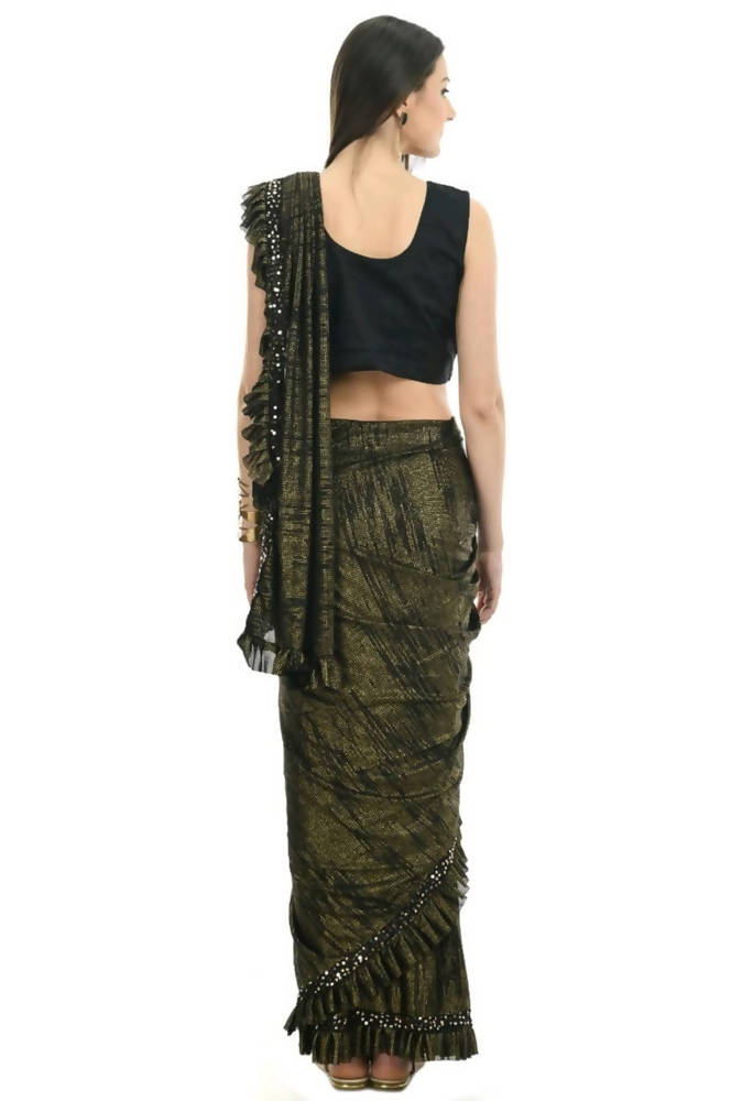 Mominos Fashion All Season Wear Olive Green And Black Ruffled Ready To Wear Saree