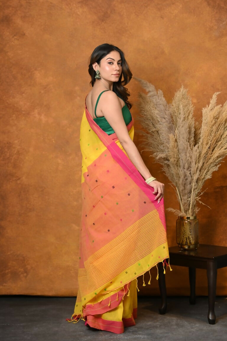 Very Much Indian Handloom Pure Cotton Saree With Sleek Border - Yellow