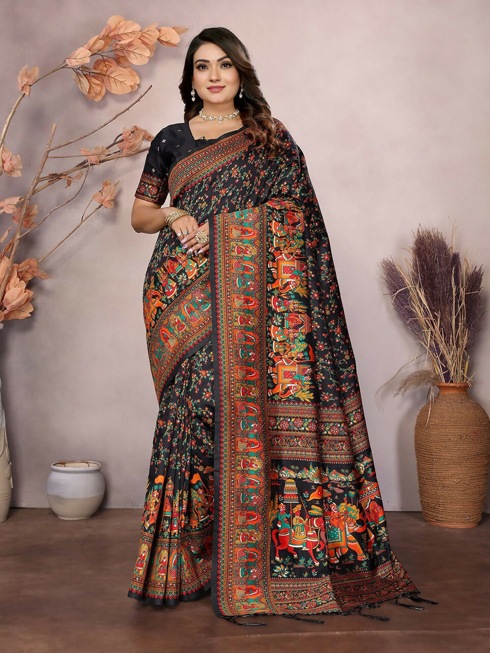 Joban Fashion Black Meena Weaves Pashmina Sarees