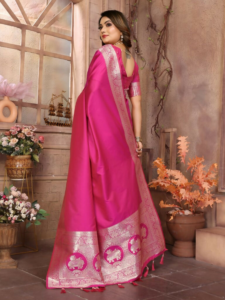 Anaita Dark Pink Banarasi Silk With Beautiful Gala Weaving Saree With Blouse