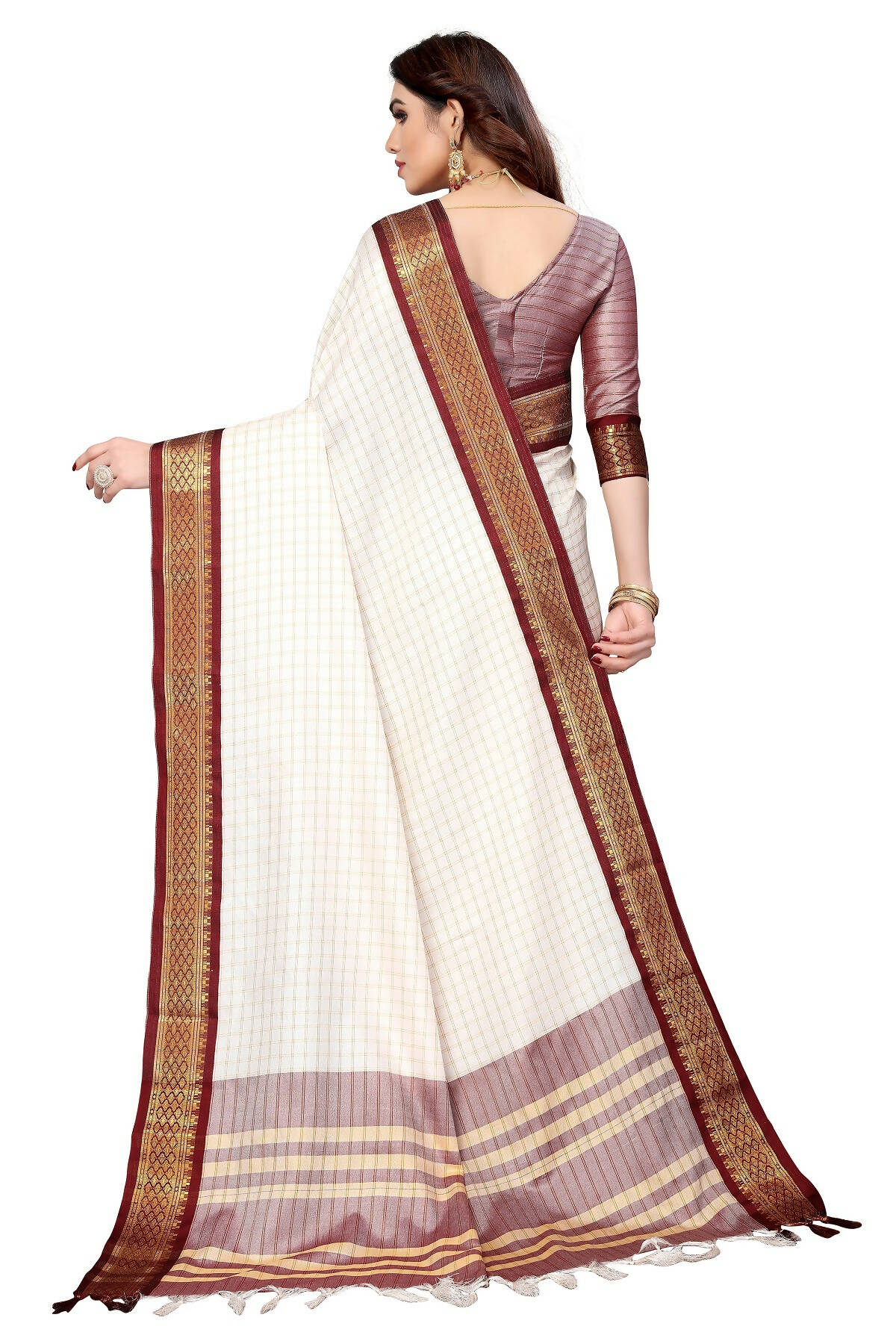 Vamika Weaving White Cotton Silk Saree (DEVAL MAROON)