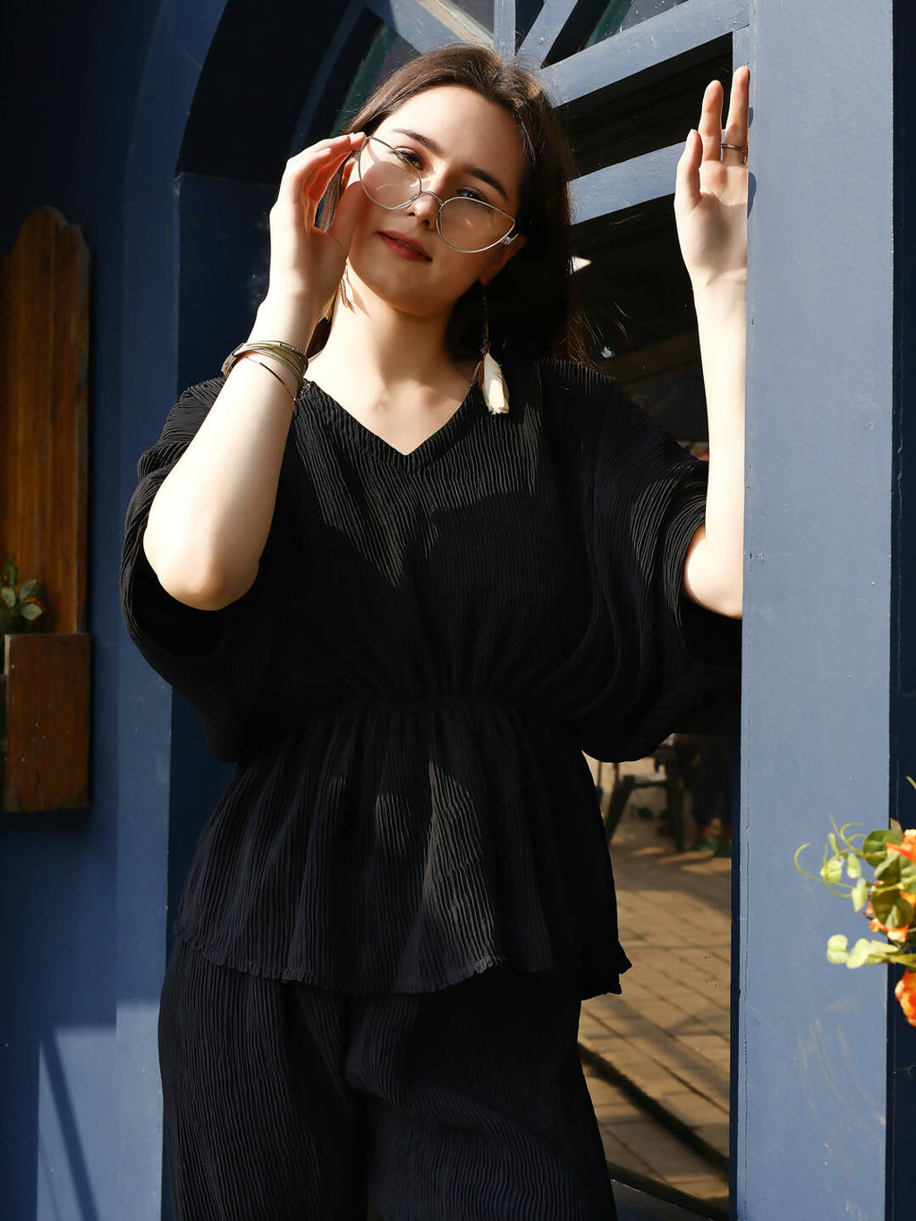 Black Crush Plain Top with Matching Bottom - Eesha
