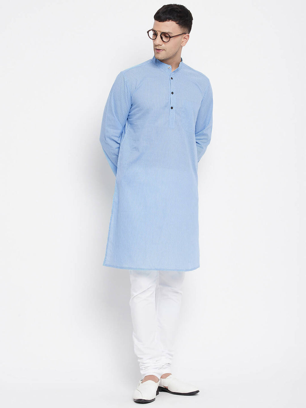 Even Apparels Blue Pure Cotton Men's Kurta With Band Collar