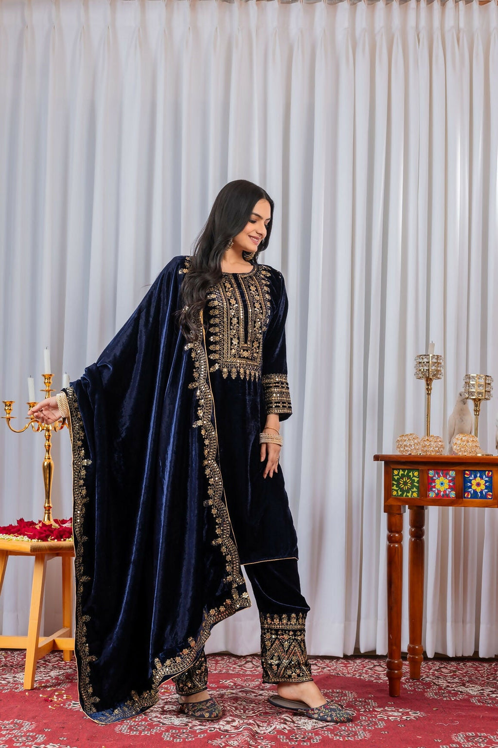 Joban Fashion Navy Blue Velvet Sequence Embroidery Work Kurta Set