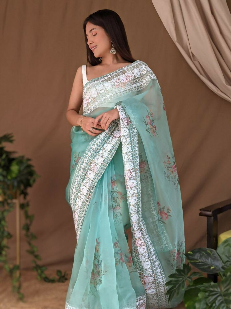 Vamsee White Border C-Green Organza Saree
