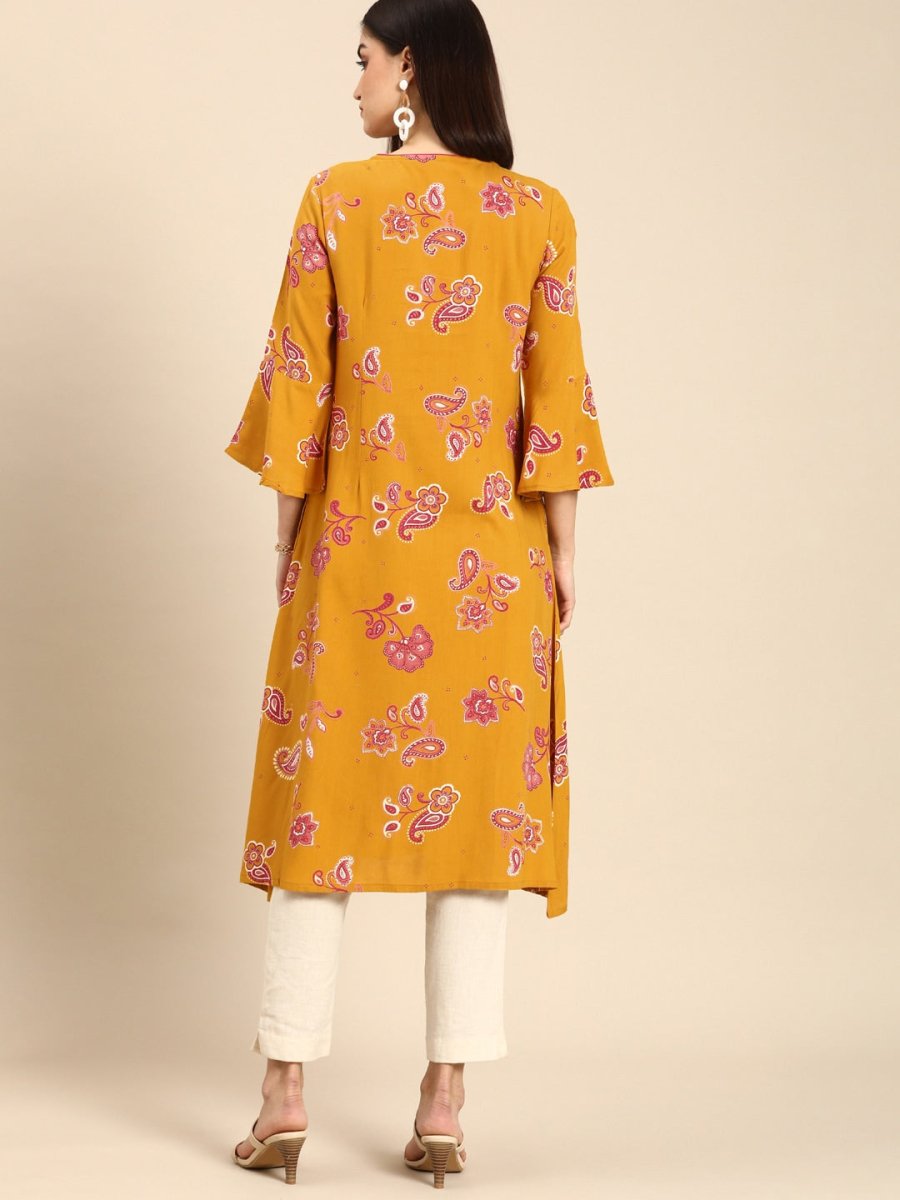 All About You Women Mustard Yellow Ethnic Motifs Printed Flared Sleeves Kurta