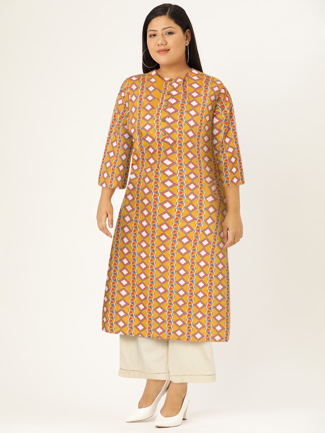 HERE&NOW Women Mustard Yellow & Cream Pure Cotton Geometric Printed Kurta