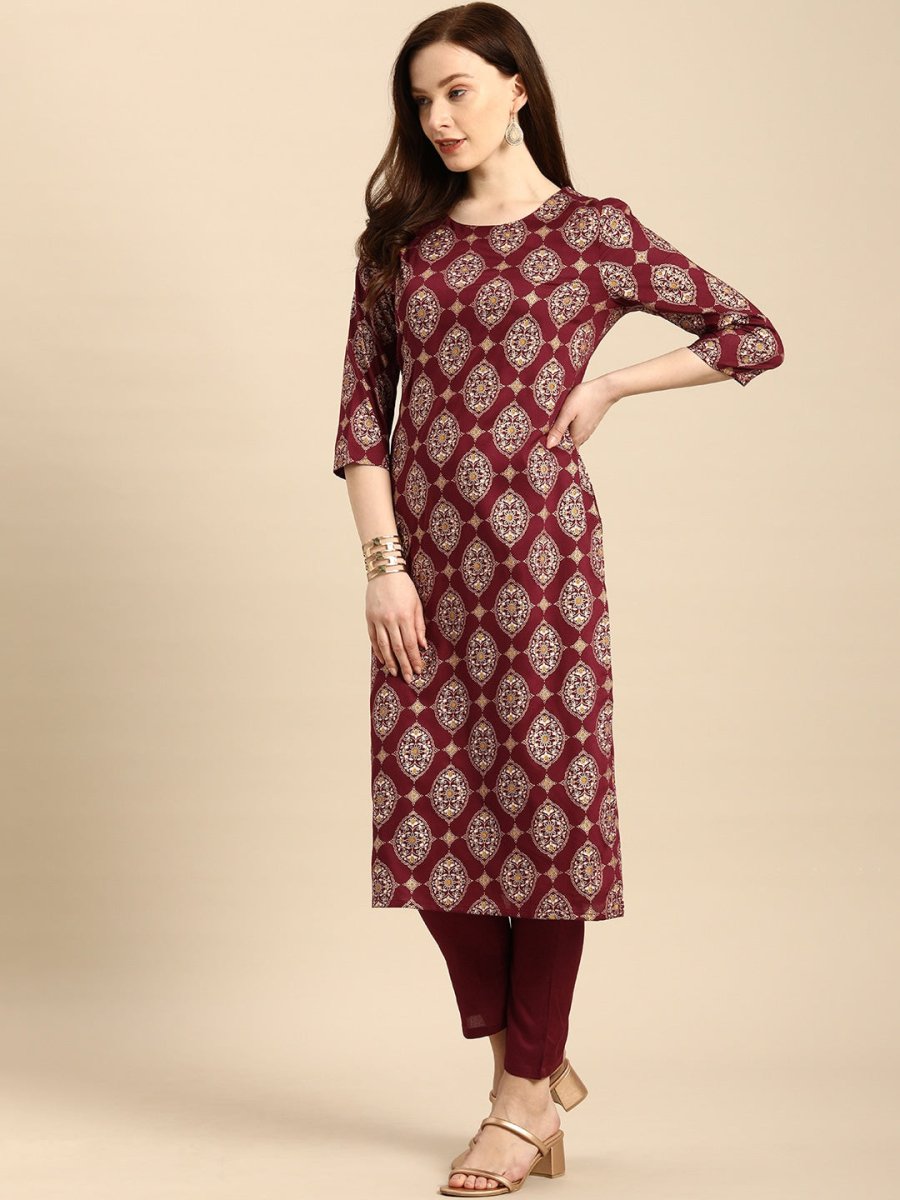 All About You Women Maroon Printed Kurta with Trousers