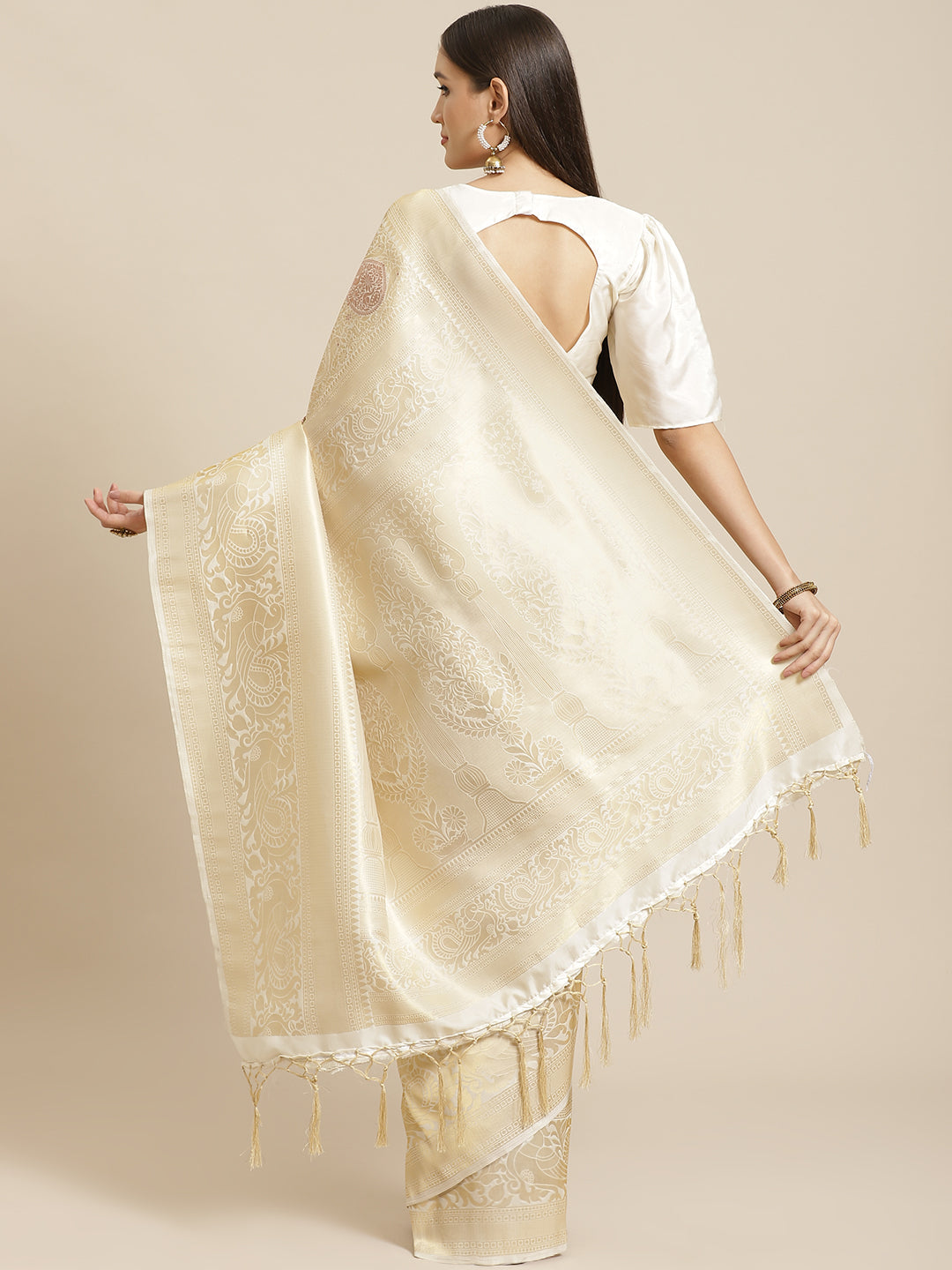 Saree Mall Off-White & Golden Woven Design Banarasi Saree